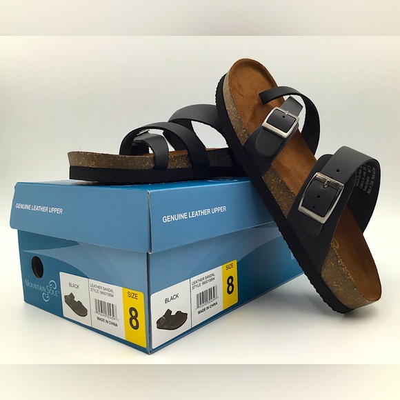 Mountain Sole Women's Easy Slip-on Two Loop Design Leather Sandals - Black - Picture 1 of 8